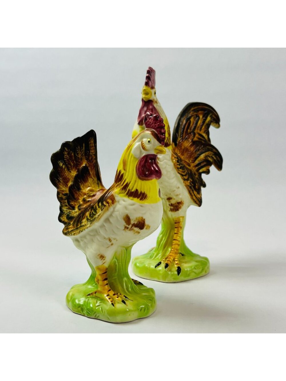 Vintage Rooster Figurine Pair Hand Painted Ceramic Farmhouse Kitchen Decor Japan